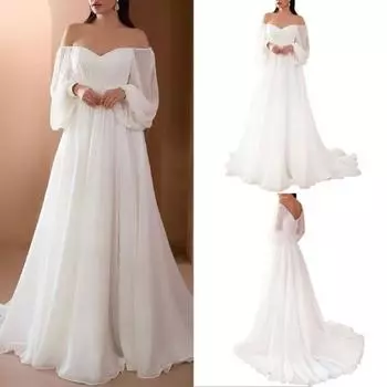 Леди Нижние юбки размера плюс с рукавами-фонариками и высокой талией женское платье с струящимся подолом с открытыми плечами вечернее платье макси женская одежда L белый