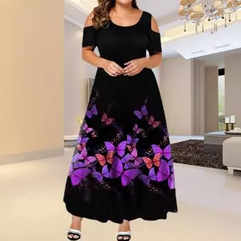 Леди Нижние юбки размера плюс женское платье размера плюс с принтом бабочки и круглым вырезом летнее платье для вечеринок 2XL чёрный