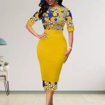 Леди Нижние юбки размера плюс женское платье с узором в виде листьев с круглым вырезом и растением до колена банкетное платье женская одежда M жёлтый