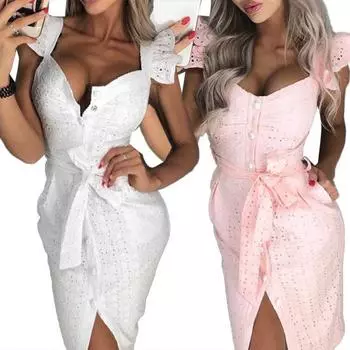 Леди Нижние юбки размера плюс, женское сексуальное платье без рукавов с рюшами и вышивкой на пуговицах, пояс, облегающее платье миди S белый