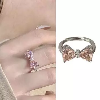 Леди открытое кольцо с кубическим цирконием в форме банта, гладкие полированные украшения на палец, ежедневный выпускной вечер, вечеринка розовый