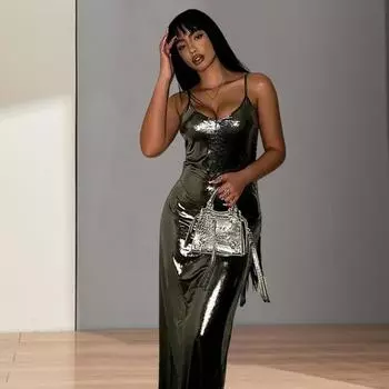 Леди платье для ночного клуба с глянцевой поверхностью, сохраняющий охлаждение пуловер, сексуальный облегающий банкетный женский костюм M серебряный
