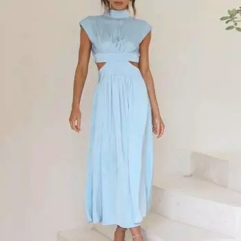 Леди платье для выпускного вечера плиссированное без рукавов сплошной цвет воротник-стойка ажурное платье длиной до середины икры Свадебная вечеринка женское банкетное платье женская одежда S красный