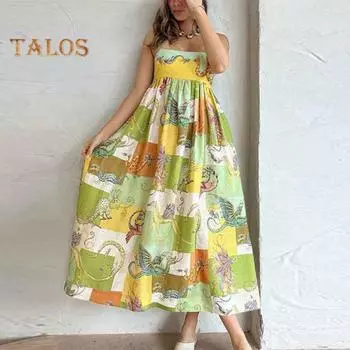 Леди платье-комбинация с красочным принтом трапециевидной формы, большие качели, открытая спина, без рукавов, на шнуровке, на тонких бретельках, с высокой талией, пляжное платье для выпускного вечера, вечерние макси-платье L розовый