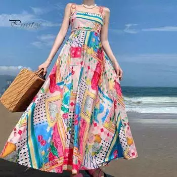 Леди платье-комбинация с красочным принтом трапециевидной формы, большие качели, открытая спина, без рукавов, на шнуровке, на тонких бретельках, с высокой талией, пляжное платье для выпускного вечера, вечерние макси-платье M темно-желтого