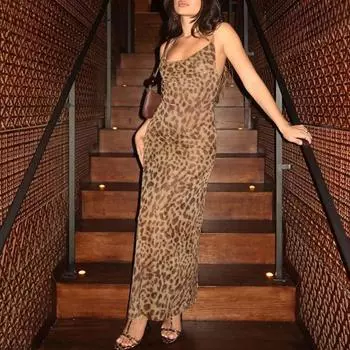 Леди платье-комбинация с леопардовым принтом и открытой спиной, тонкая талия, низкий вырез, V-образный вырез, без рукавов, трапециевидной формы, для выпускного вечера, для коктейльного клуба, вечеринки, макси S хаки