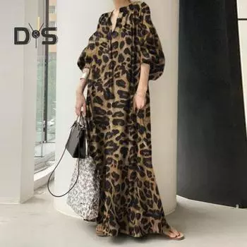 Леди платье макси с леопардовым принтом и воротником-стойкой, большие размеры, с половиной рукавом, в богемном стиле, повседневное длинное осенне-весеннее платье XL хаки