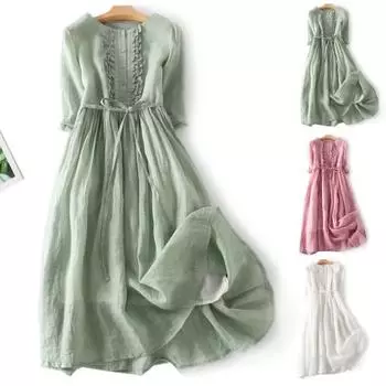 Леди платье миди с ремешками и узкой талией, плиссированные, с половиной рукавов, двухслойное, в стиле ретро, однотонное, с круглым вырезом, трапециевидной формы 2XL зелёный