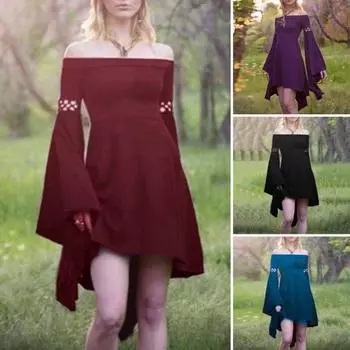 Леди платье принцессы с открытыми плечами, длинными рукавами-колокольчиками, нерегулярным подолом, приталенным, трапециевидным вырезом, косплей, представление, коктейльное мини-платье M фиолетовый