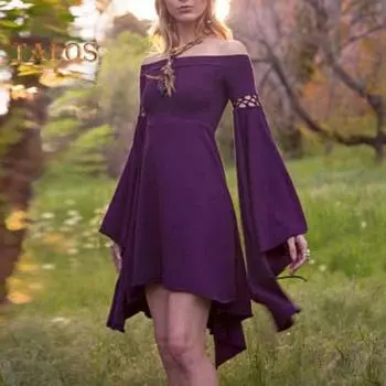 Леди платье принцессы с открытыми плечами, длинными рукавами-колокольчиками, нерегулярным подолом, приталенным, трапециевидным вырезом, косплей, представление, коктейльное мини-платье M фиолетовый