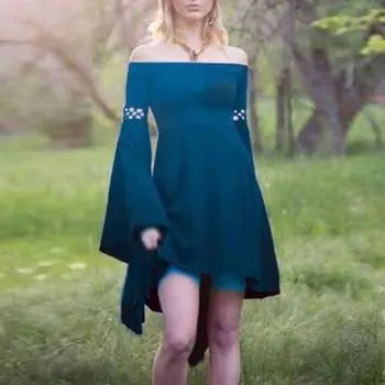 Леди платье принцессы с открытыми плечами, длинными рукавами-колокольчиками, нерегулярным подолом, приталенным, трапециевидным вырезом, косплей, представление, коктейльное мини-платье M фиолетовый