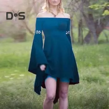 Леди платье принцессы с открытыми плечами, длинными рукавами-колокольчиками, нерегулярным подолом, приталенным, трапециевидным вырезом, косплей, представление, коктейльное мини-платье M фиолетовый