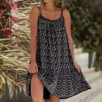 Леди пляжное платье без рукавов с принтом в богемном стиле на бретельках платье миди для летних каникул женская одежда M чёрный