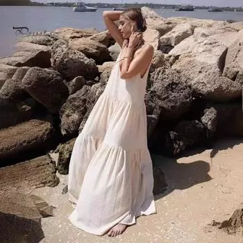 Леди пляжное платье Глубокий V-образный вырез Свободное трапециевидное лоскутное платье с открытой спиной и без рукавов Плиссированное платье с ремешками для отдыха Курортная одежда Макси-платье Сарафан длиной до пола S бежевый