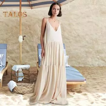 Леди пляжное платье Глубокий V-образный вырез Свободное трапециевидное лоскутное платье с открытой спиной и без рукавов Плиссированное платье с ремешками для отдыха Курортная одежда Макси-платье Сарафан длиной до пола S бежевый