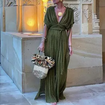 Леди пляжное платье макси с глубоким вырезом и V-образным вырезом с короткими рукавами и разрезом на подоле Плиссированные шнуровки Декор витой веревки Высокая талия Сплошной цвет Длинное бикини армия зеленый