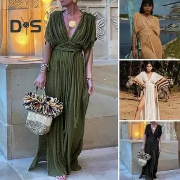 Леди пляжное платье макси с глубоким вырезом и V-образным вырезом с короткими рукавами и разрезом на подоле Плиссированные шнуровки Декор витой веревки Высокая талия Сплошной цвет Длинное бикини армия зеленый