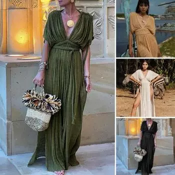 Леди пляжное платье макси с глубоким вырезом и V-образным вырезом с короткими рукавами и разрезом на подоле Плиссированные шнуровки Декор витой веревки Высокая талия Сплошной цвет Длинное бикини армия зеленый