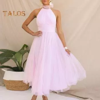 Леди Вечернее платье На шнуровке Высокий воротник Холтер Шея Открытая спина С открытыми плечами Без рукавов Многослойная сетка Подол Сплошной цвет Трапеция Выпускной вечер для подружки невесты S абрикосовый