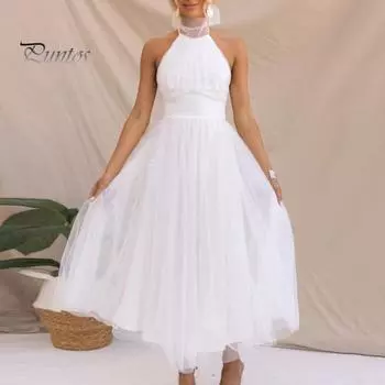 Леди Вечернее платье На шнуровке Высокий воротник Холтер Шея Открытая спина С открытыми плечами Без рукавов Многослойная сетка Подол Сплошной цвет Трапеция Выпускной вечер для подружки невесты S абрикосовый