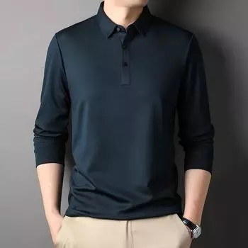 Ледяная шелковая футболка с длинными рукавами для мужчин среднего возраста, осенняя новая рубашка-поло с лацканами и узором ананаса, модный простой топ M