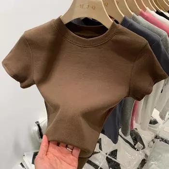 Ледяная шелковая футболка с маской, женская летняя футболка с короткими рукавами, новый облегающий вязаный топ с круглым вырезом и коротким дном S серый