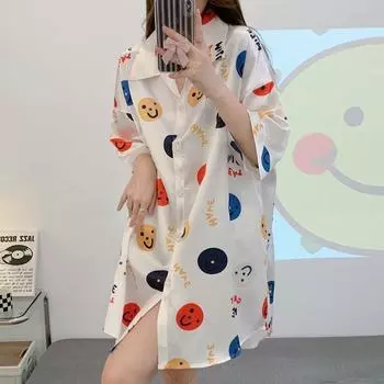 Ледяное шелковое спальное платье женское летнее с коротким рукавом тонкое мультяшное улыбающееся лицо свободный размер сексуальная рубашка спальное платье M