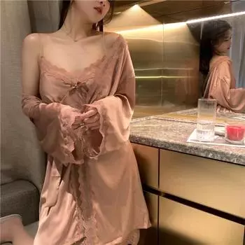 Ледяной шелк с бюстгальтером, женский халат, сексуальный шелковый пижамный комплект, летняя ночная рубашка, домашняя одежда M коричневый