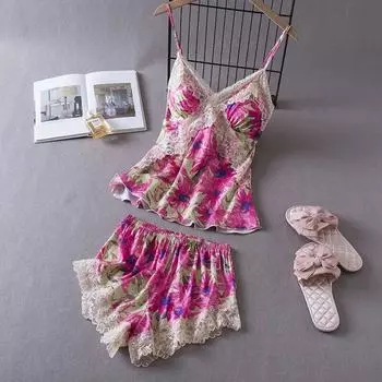 Ледяной шелк с накладкой на грудь, женский комплект из 2 предметов, пижамы, кружевные сексуальные пижамы с v-образным вырезом, сексуальное ночное белье M синий