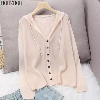 Ледяной шелк, защита от солнца, верхняя рубашка, женская весна-лето, корейская версия, свободная вязаная куртка-кардиган с заниженными рукавами, топы с капюшоном one size белый