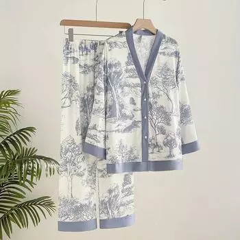 Ледяной шелковый принт, модный женский пижамный комплект, пижамный костюм с длинными рукавами M синий