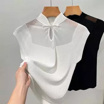 Ледяной шелковый свитер для женщин, новый стиль, воротник-стойка, рукава на пуговицах, футболка, новый китайский сетчатый топ XL чёрный