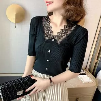 Ледяной шелковый свитер женский топ весна-лето новый женственный темперамент короткий рукав тонкий V-образный вырез нижняя часть футболка тонкий срез One size