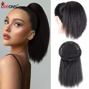 Leeons, 10 дюймов, синтетический хвостик яки, пушистый хвостик на шнурке, прямой черный хвостик, наращивание хвоста, на клипсе, шиньоны для женщин