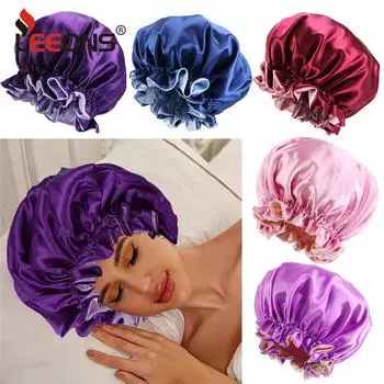 Leeons, 1 шт., женские атласные шелковые чепчики, большие двухслойные атласные шапочки, двусторонний регулируемый чепчик для волос для сна, ванны, шапочки для душа