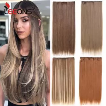 Leeons 5 зажимов для наращивания волос, синтетические прямые термостойкие волокна, клипсы на 24 дюйма, блондинка, коричневый, модный цвет для женщин
