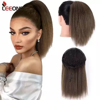 Leeons Коричневый Черный Яки Кудрявый Прямой Хвост на Шнуровке Короткие Волосы Для Женщин Синтетические Наращивание Волос 10 Дюймов