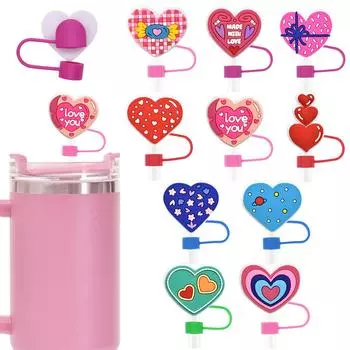 Leeseph 10pcs Valentine s Day Silicone Straw Cover Reusable for 10mm/0.39in Diameter Straws for Wedding Supplies and Party Favor