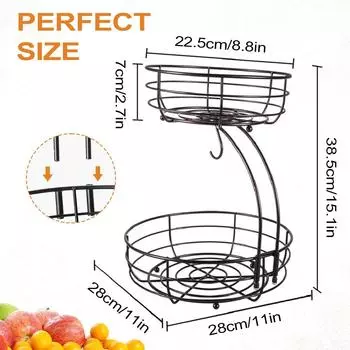 Leeseph 2-х уровневая настольная корзина для фруктов, корзина для фруктов с вешалкой для бананов, металлическая проволочная подставка для фруктов, держатель, органайзер для хранения 2-tier чёрный