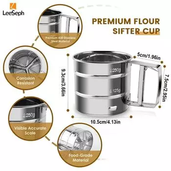 Leeseph Flour Sifter for Baking, Stainless Steel Handheld Flour Sieve Powder Sifters, Powder Sifters for Cooking Baking Kitchen серебряный