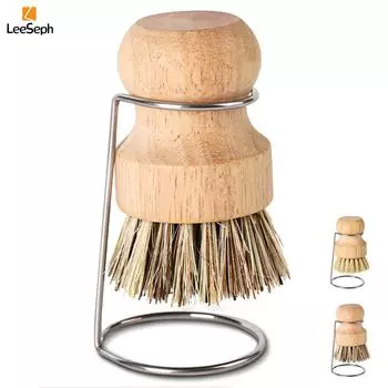 Leeseph Palm Pot Brush, Wood Dishes Brush with Stainless Steel Holder, for Cleaning Dishes, Sinks, Cast Iron Pots and Pan