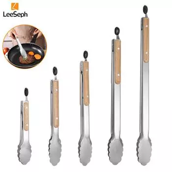 Щипцы для еды Leeseph из нержавеющей стали, прочные кухонные щипцы с деревянной ручкой для приготовления пищи, гриля и барбекю, длина 7-16 дюймов