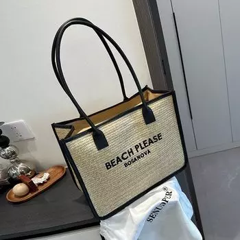 Left Apricot Large Capacity Ladies Hand Bag Bag Straw Woven Bag Lightweight Shoulder Bag Handbag Beach Outdoor Tote Bag Beige