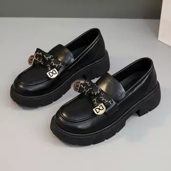 Lefu Shoes Летние новые модные повседневные женские мокасины-тапочки однотонные маленькие кожаные на высокой толстой подошве Campus 40 чёрный