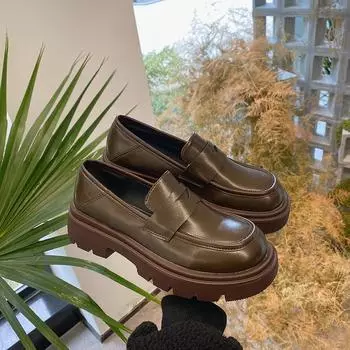 Lefu Shoes Женские туфли 2024 года, стильные кожаные туфли на толстой подошве, толстый каблук, одна нога, винтажные черные женские туфли в британском стиле 35 коричневый