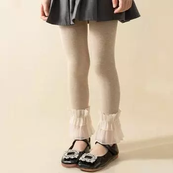 Леггинсы для девочек, кружевные штаны, детские хлопковые однотонные кружевные детские колготки с оборками, повседневные колготки, брюки, весна-осень S бежевый