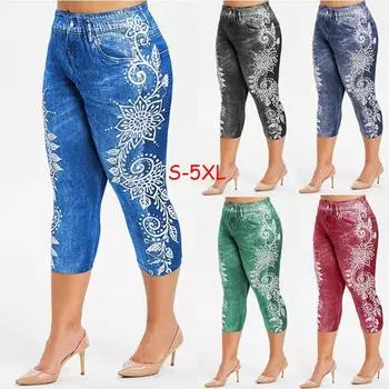 Леггинсы из денима с высокой талией и кружевом для подтяжки бедер, цифровая печать 5XL фиолетовый