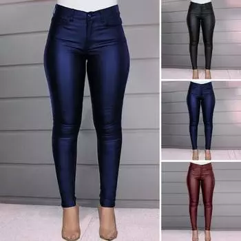 Леггинсы из искусственной кожи на пуговицах и молнии, женские брюки средней посадки с карманами, однотонные облегающие брюки, брюки-карандаш M чёрный