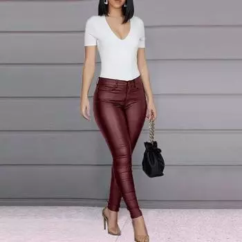Леггинсы из искусственной кожи с карманами средней посадки, однотонные женские брюки с застежкой-молнией на пуговицах, цветные облегающие маленькие штаны M вино красного