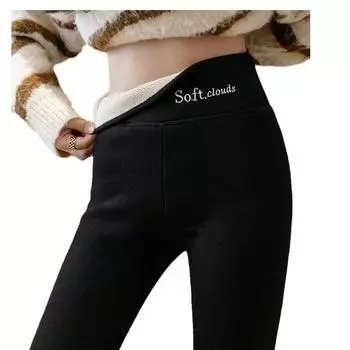 Леггинсы из овечьей шерсти для женщин, без укороченного кроя, плотный флис, с высокой талией и короткими штанинами для тепла S чёрный